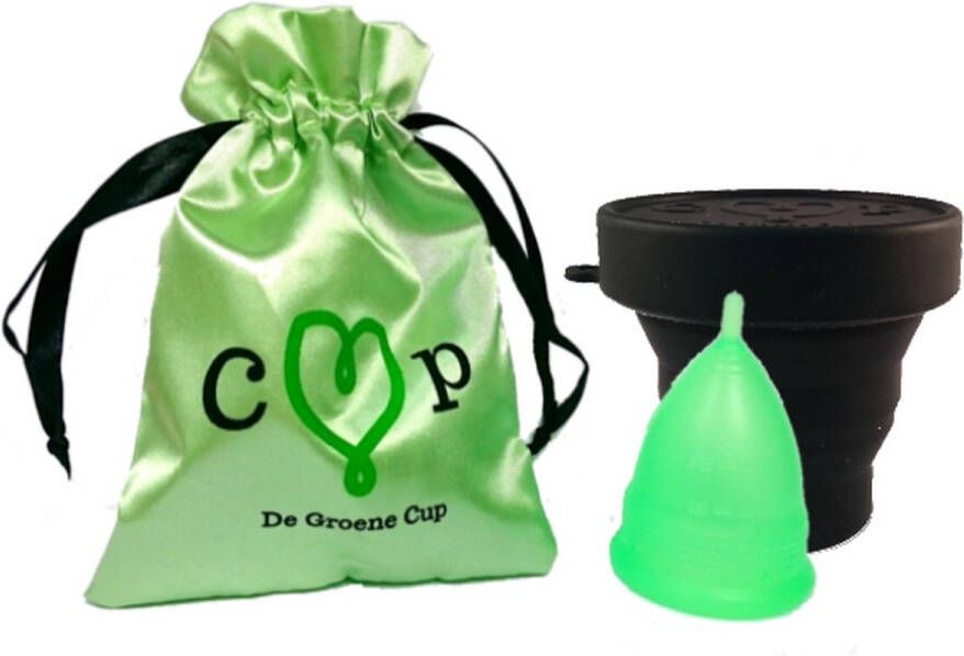 De Groene Cup Model V voor tieners (extra small) herbruikbare menstruatie cup + sterilisator (zwart) duurzaam menstrueren zero waste gezond alternatief voor tampons en maandverband