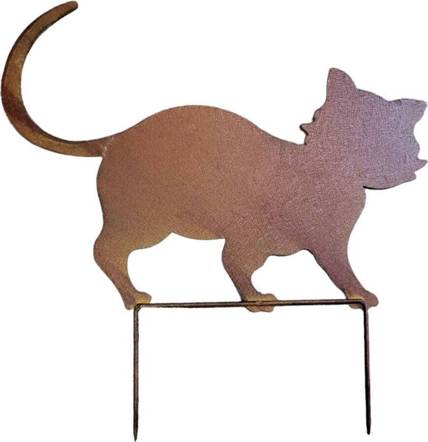 De Huismus Kat van Roest Metaal Tuindecoratie 30 cm hoog Tuinsteker