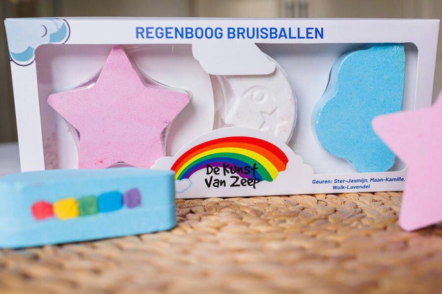 De kunst van zeep Valentijnsdag cadeau Kado kind 3 grote Regenboog Bruisballen Biologische Bruisbal Badbom Bathbombs Kado voor je liefde Speciaal met een hartje opbergdoos