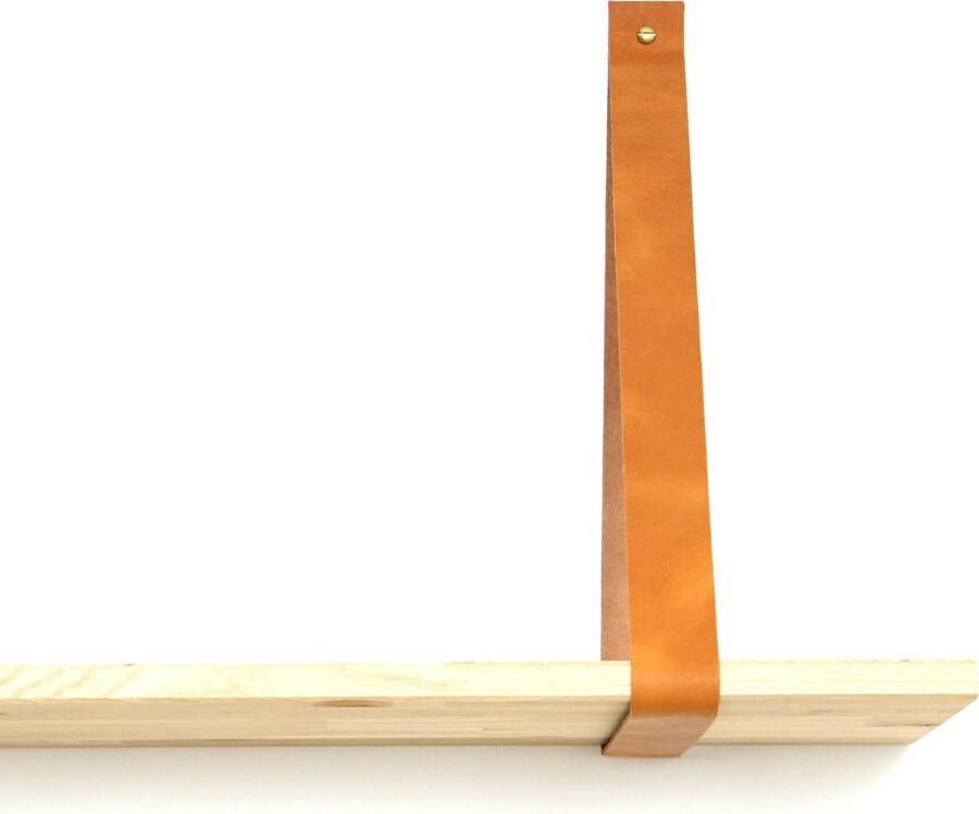 De Leermakers Leren plankdrager XL Cognac 2 stuks 120 x 4 cm- Industriële plankendragers XL extra lang met koperkleurige schroeven
