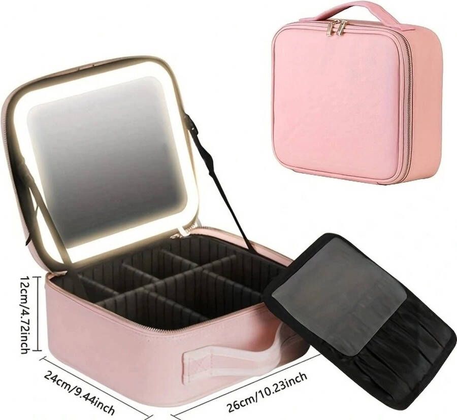 De Leverancier Make-Up Koffer Beautycase Opbergtas Make-Up met verlichte LED Spiegel draagbaar duurzaam leer 23 x 26 x 15 cm Roze