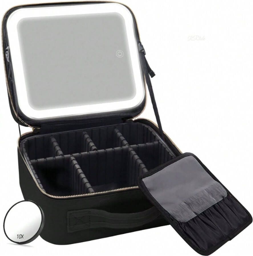 De Leverancier Make-Up Koffer Beautycase Opbergtas Make-Up met verlichte LED Spiegel draagbaar duurzaam leer 23 x 26 x 15 cm Zwart