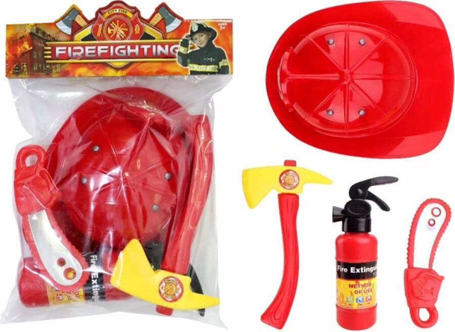 De Max Brandweerset verkleedgerief brandweerman Fire fighter helm bijl brandblusapparaat
