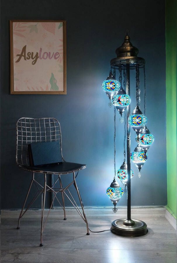 De Max Handmade Turkse staandelamp 7 bollen Oosterse vloerlamp mozaïek blauw