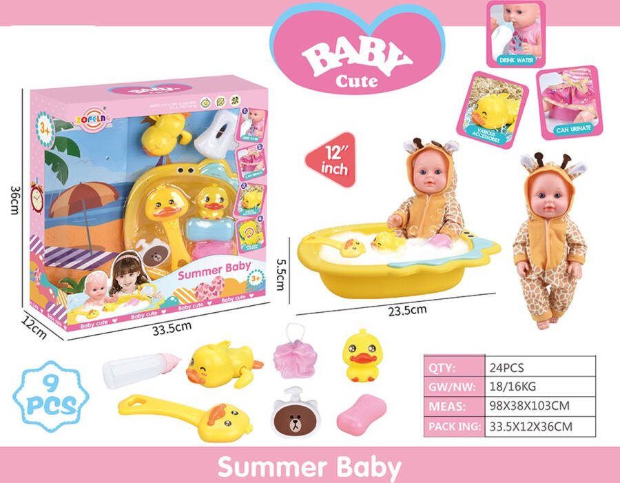 De Max Poppenset met Giraffe onesie badspeelgoed poppenbad babypop drinkt en plast badeend