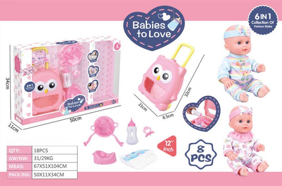 De Max Poppenset met trolley babypop pamper papfles bordje bestek tut en potje