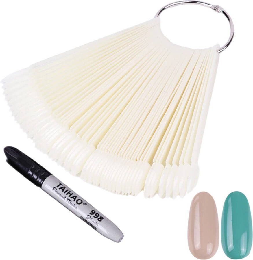 De Sera Nagelwaaier 50 Stuks Nagel Display Kleurenwaaier Nagellak Nagel Waaier Met Stift Oefenwaaier voor Nagellak en Nail Art Set van 50 op Ring Nude