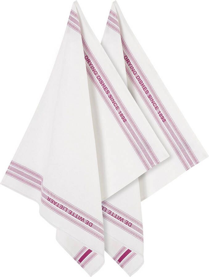 De Witte Lietaer DISH keukenhanddoek halflinnen hotelkwaliteit Wit en Fuchsia set van 2