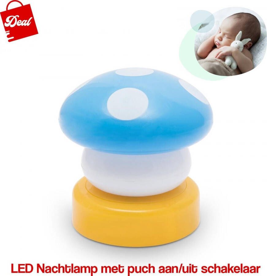Deal LED Nachtlamp Met Push Aan & Uit Schakelaar Blauw Paddenstoeltje
