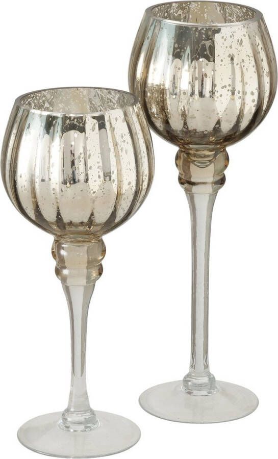 Deco by Boltze Luxe glazen design kaarsenhouders windlichten set van 2x stuks metallic champagne goud met formaat tussen de 25 en 30 cm