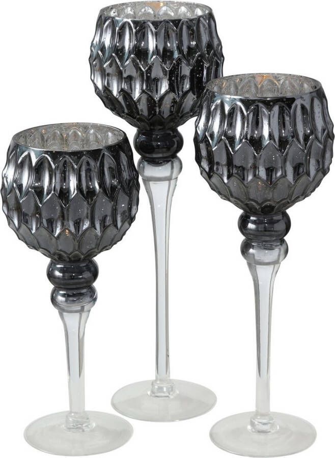 Deco by Boltze Luxe glazen design kaarsenhouders windlichten set van 3x stuks antraciet zilver transparant met formaat tussen de 30 en 40 cm