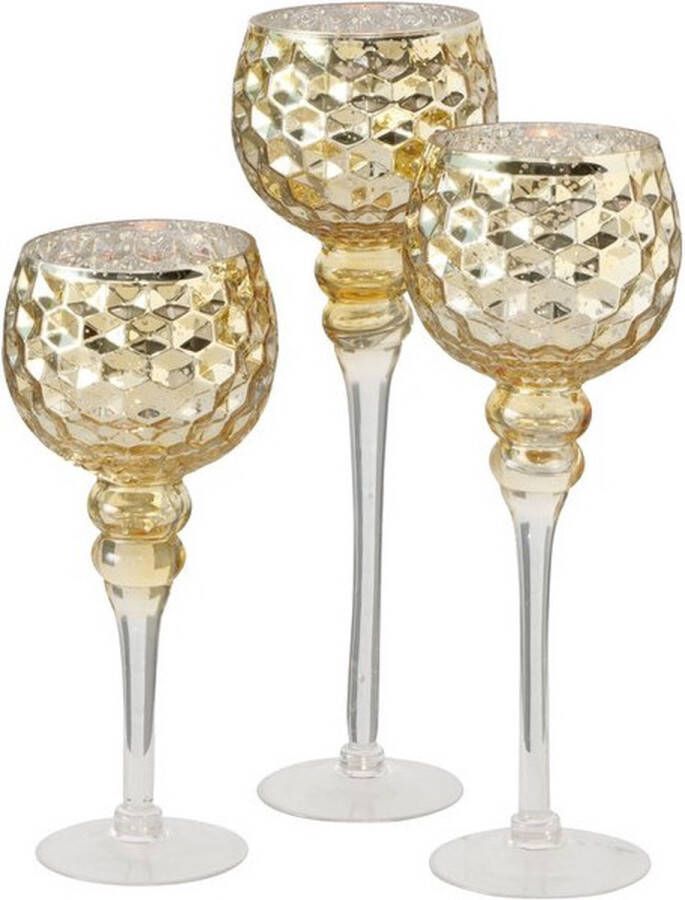 Deco by Boltze Luxe glazen design kaarsenhouders windlichten set van 3x stuks champagne goud transparant met formaat tussen de 30 en 40 cm