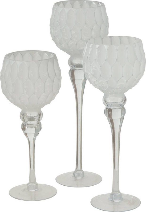 Deco by Boltze Luxe glazen design kaarsenhouders windlichten set van 3x stuks zilver wit met formaat tussen de 30 en 40 cm