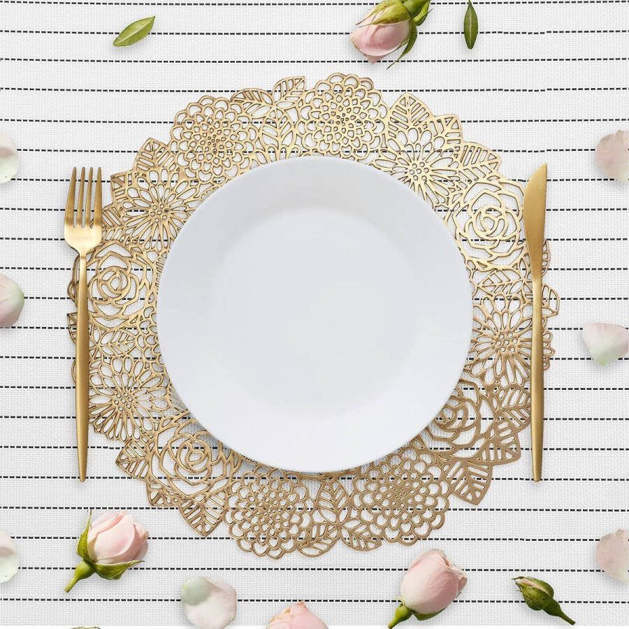 Deco & Design 4x Gouden Placemats Rond 'Rosas' Goud Tafeldecoratie Kerst Feesttafel 38cm rond