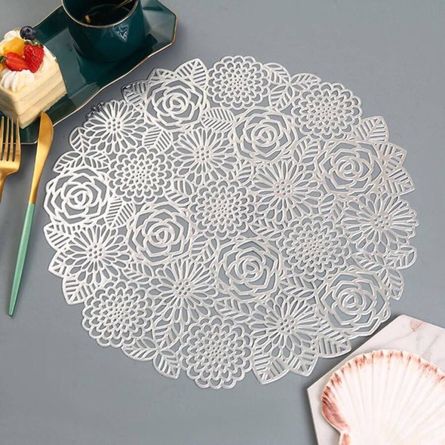 Deco & Design 4x Zilveren Placemats Rond Rosas Silver Zilver Decoratie 38cm rond