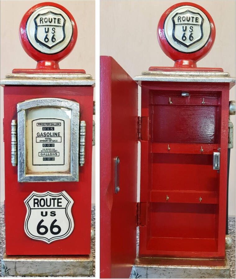 Deco Noord Sleutelkast van hout Route 66 retro benzinepomp rood voor thuis cafe bar man cave showroom garage