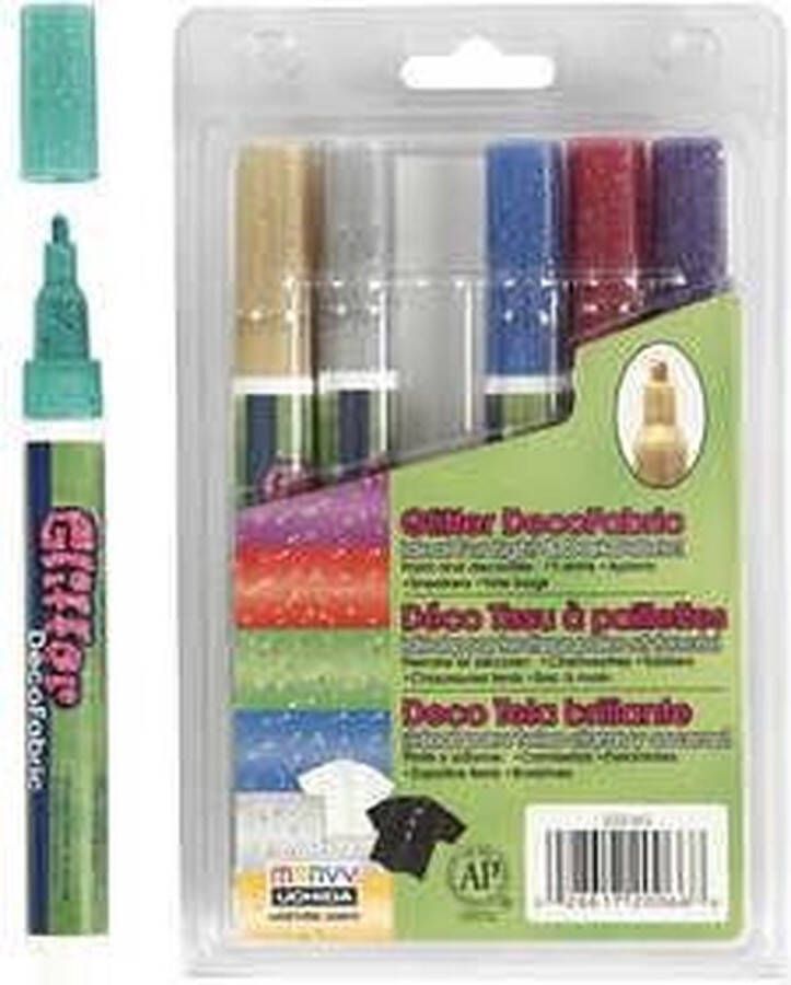 Deco Textielstiften lijndikte: 3 mm glitterkleuren glitter 6stuks