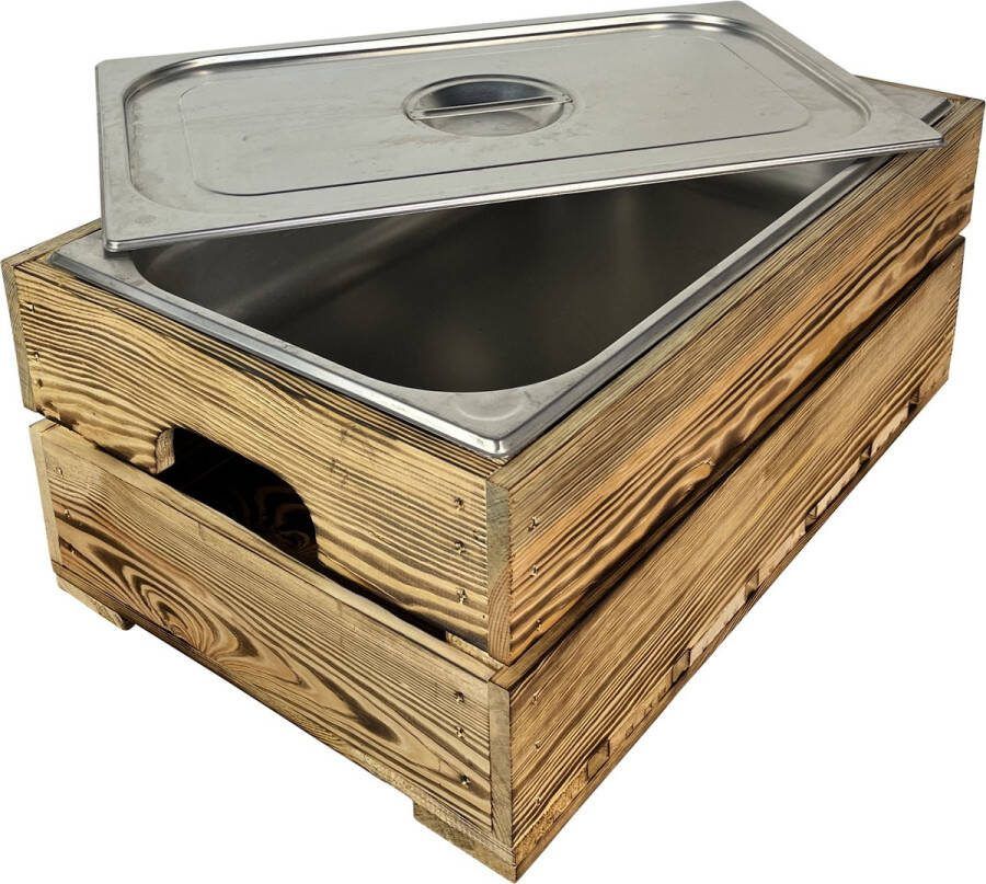 DecoLis.NL Houten kist. Gebrand (set van drie kisten) Van zeer stevige kwaliteit. (geschikt voor binnenbak chafing dish Gastronormbak GN 1 1 ook de buitenbak waterbak past in dit model kist )
