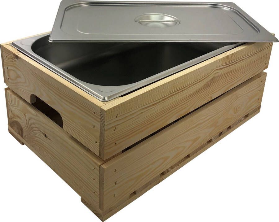 DecoLis.NL Houten kist. Naturel (set van drie kisten) Van zeer stevige kwaliteit. (geschikt voor binnenbak chafing dish Gastronormbak GN 1 1 ook de buitenbak waterbak past in dit model kist )