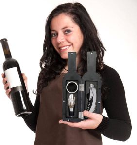 Merkloos Sans marque Decopatent 4-Delige Luxe Wijnset in Wijnfles vorm Wijn fles accessoires Set Wine tools Wijn Kurken trekker In Luxe Fles opbergbox Cadeau set