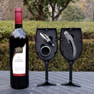 Merkloos Sans marque Decopatent 4-Delige Luxe Wijnset in Wijnglas vorm Wijn fles accessoires Set Wine tools Wijn Kurken trekker In Luxe Wijnglas opbergbox Cadeau set