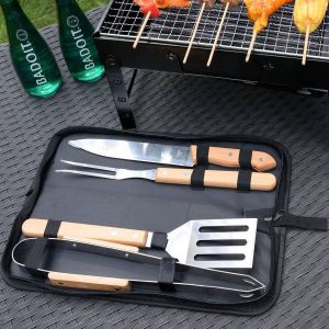 Merkloos Sans marque Decopatent 5 Delig BBQ Gereedschapset in Draagtas Barbeque accessoires Set Grill Barbeque Tang Spatel Mes Vork Rvs Hout
