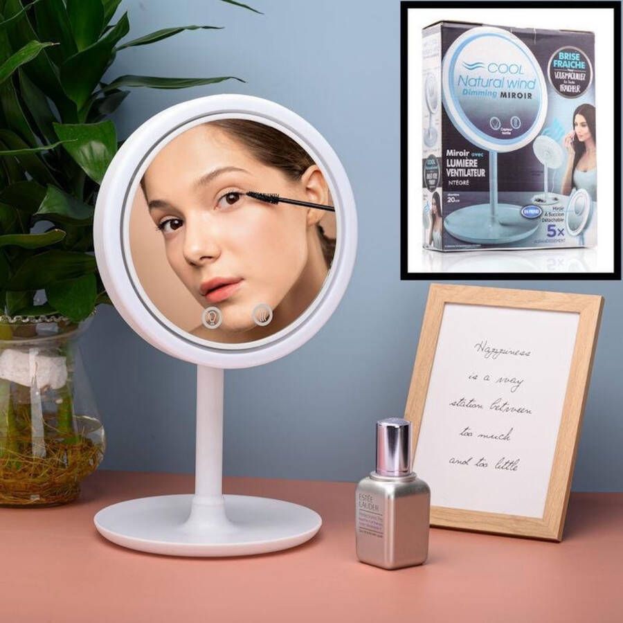 Merkloos Sans marque Decopatent Beauty Breeze Mirror Make-Up Spiegel met LED Verlichting & Ventilatie 360° Draaibaar Make Up 5x Vergrootspiegel