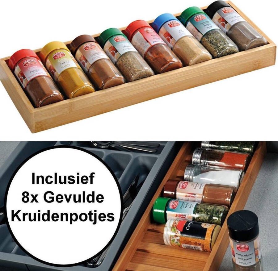 Merkloos Sans marque FSC Houten Kruiden Organizer Tray voor Keuken La Opbergen Kruiden & Specerijen potjes Incl 8 Kruidenpotjes Kruidenrek