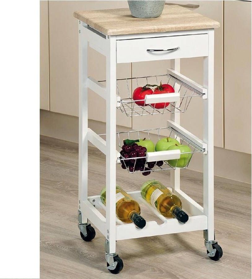 Decopatent© FSC Keukenwagen Met Wijnrek 2 Draagmanden 1 Lade en Eiken Houten bovenblad Serveerwagen Keukentrolley 77 x 36 x 36 Cm Wit