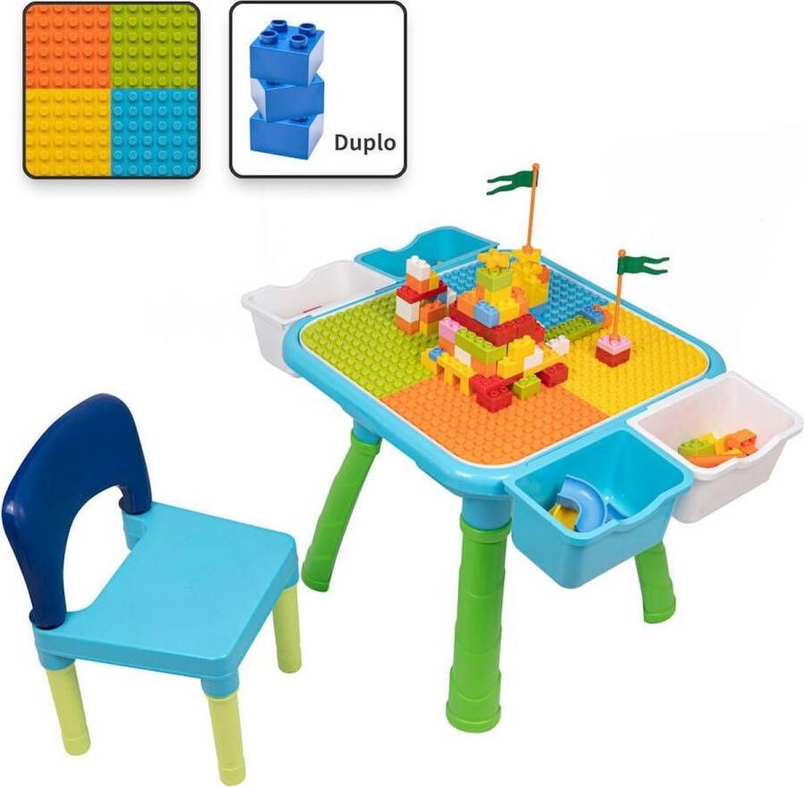 Merkloos Sans marque Decopatent Kindertafel met 1 Stoeltje Speeltafel met bouwplaat en Tafel kant 4 Bakjes Geschikt voor Duplo Bouwstenen