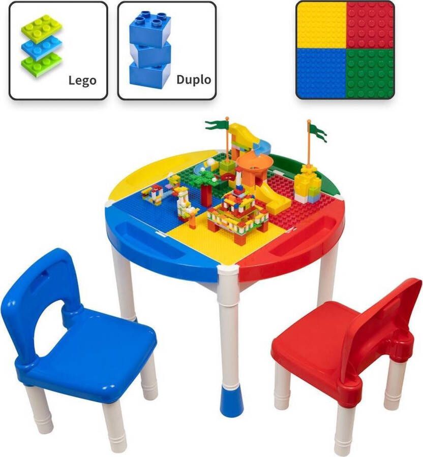 Merkloos Sans marque Decopatent Kindertafel met 2 Stoeltjes Speeltafel met bouwplaat en vlakke kant Geschikt voor Lego & Duplo Bouwstenen
