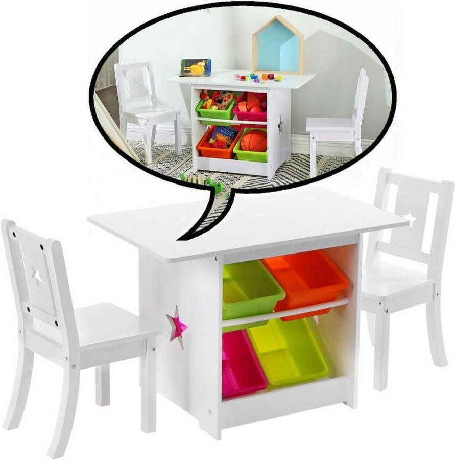 Merkloos Sans marque Decopatent Kindertafel met stoeltjes van hout 1 kindertafel en 2 stoelen voor kinderen Zitgroep met veel opbergruimte (Set)