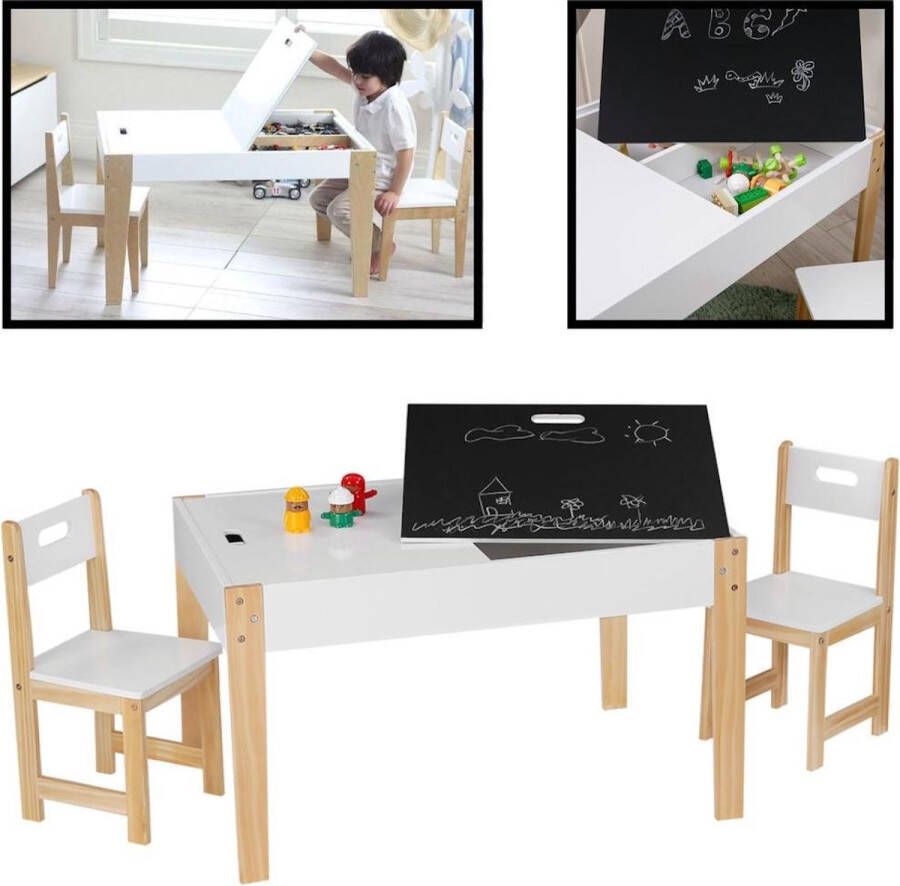 Merkloos Sans marque Decopatent Kindertafel met stoeltjes van hout 1 tafel en 2 stoelen Kinder tafel en Krijttafel Kleurtafel Speeltafel Zitgroep