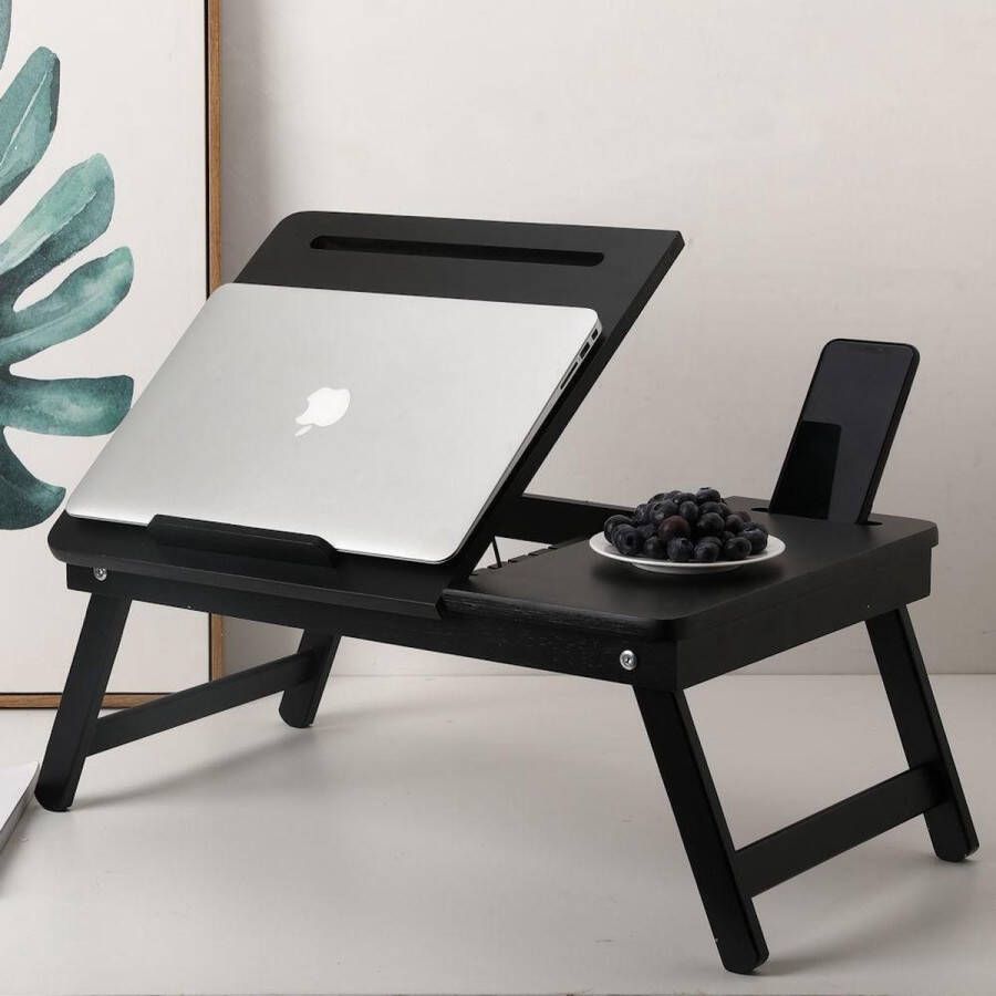 Decopatent ® Laptoptafel verstelbaar in hoogte & inklapbaar bamboe houten Laptop tafel Bed Bank tafel Bijzettafel Zwart
