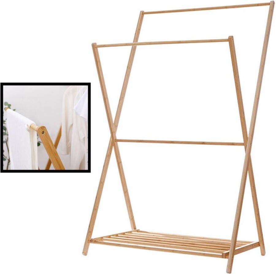 Decopatent ® Staand Kledingrek met 1 Legplank en 2 Hangstangen Kledingstandaard Garderobe slaapkamer Bamboe hout 70x55x150