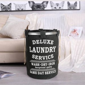 Merkloos Sans marque Decopatent Wasmand 50L Rond Tekst Deluxe Laundry Service -> Same Day Service- Badkamer Wasmand afsluitbaar Waszak Zwart