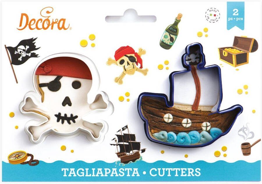 Decora Koekjesuitsteker Plastic Piraten schedel en Boot pk 2