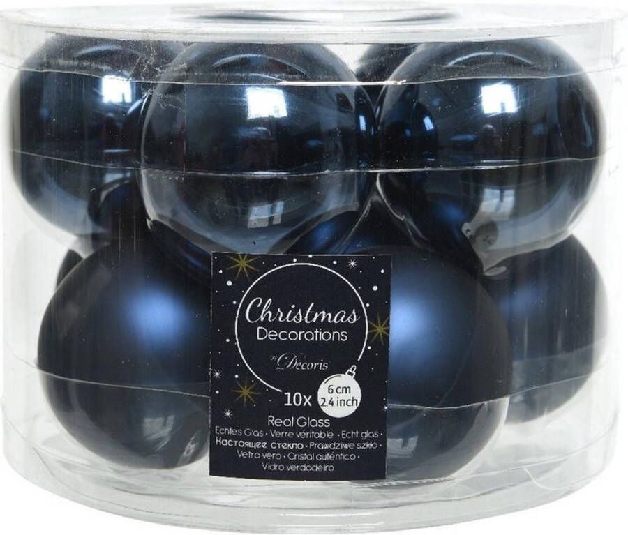 Decoris 10x Donkerblauwe glazen kerstballen 6 cm glans en mat Glans glanzende Kerstboomversiering donkerblauw