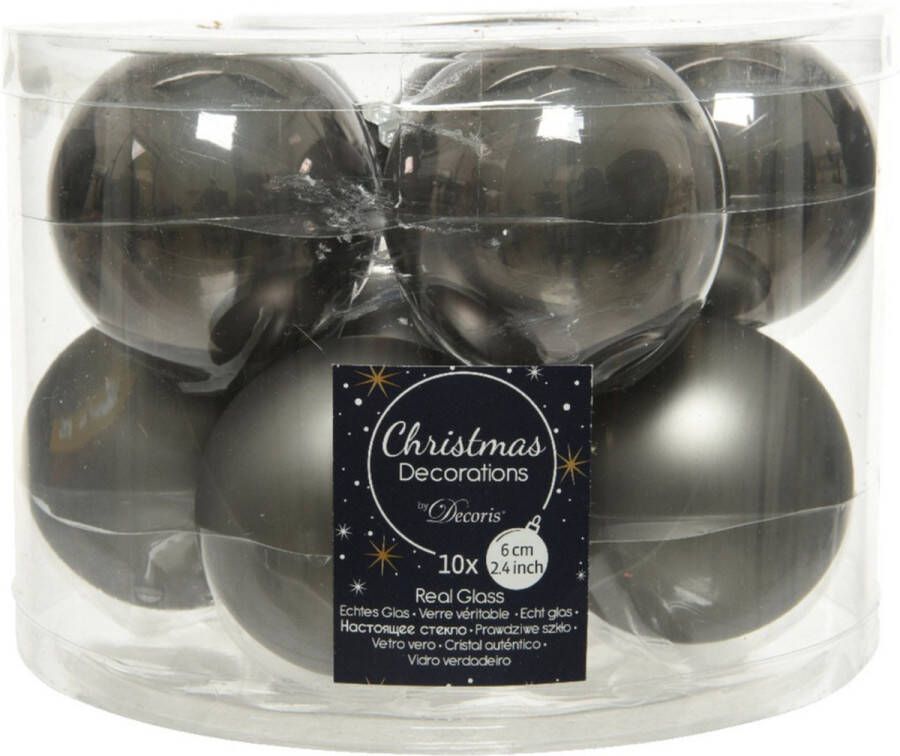 Decoris 10x stuks kerstballen antraciet (warm grey) van glas 6 cm mat glans Kerstboomversiering