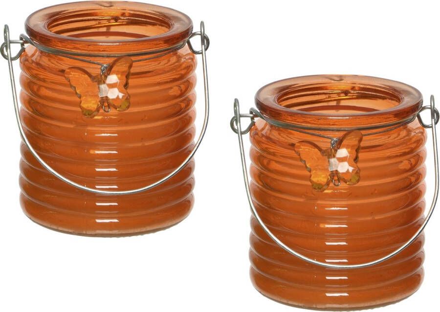 Decoris 2x stuks citronella anti muggen kaarsen in kaarsenhouder oranje 20 branduren Windlichten voor binnen en buiten