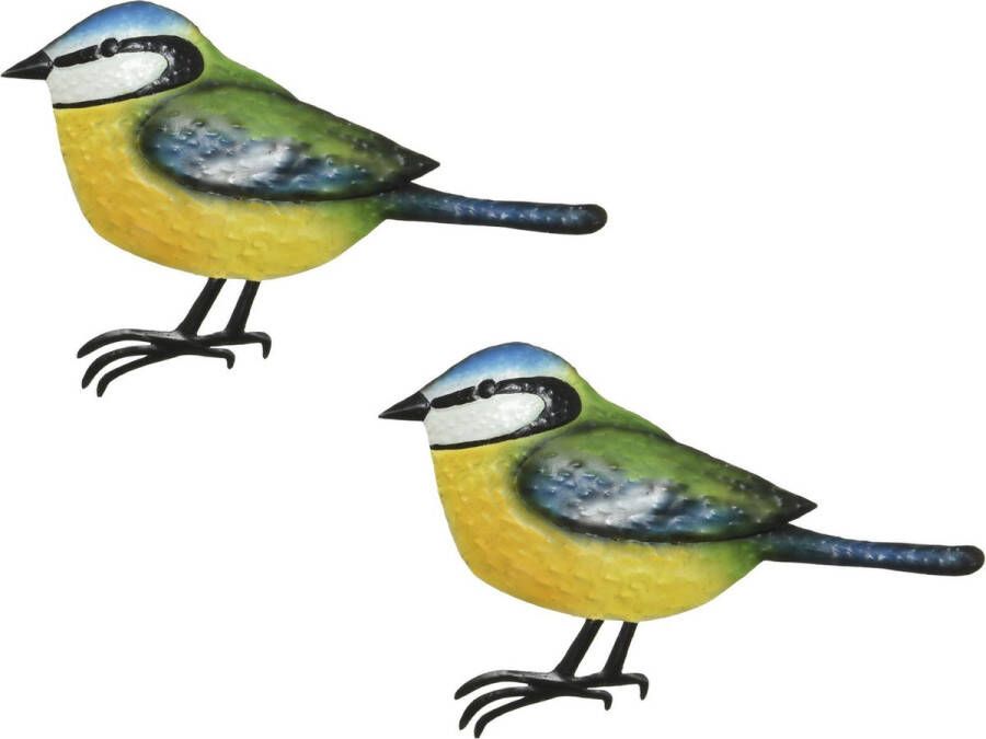 Decoris 2x stuks decoratie vogel muurvogel Pimpelmees voor in de tuin 38 cm Tuindecoratie dierenbeeldjes Tuinvogels muurvogels