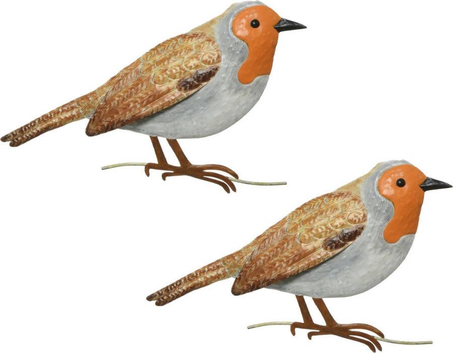 Decoris 2x stuks decoratie vogel muurvogel Roodborst voor in de tuin 38 cm Tuindecoratie dierenbeeldjes Tuinvogels muurvogels
