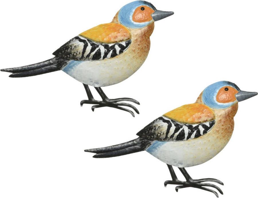 Decoris 2x stuks decoratie vogel muurvogel Vink voor in de tuin 38 cm Tuindecoratie dierenbeeldjes Tuinvogels muurvogels