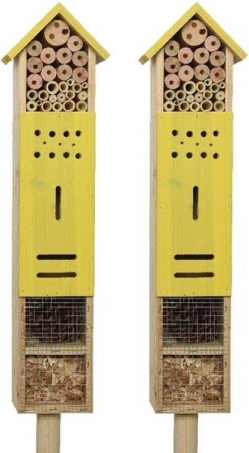 Decoris 2x stuks geel insectenhotel 118 cm op paal steker Hotel huisje voor insecten Bijenhuis vlinderhuis