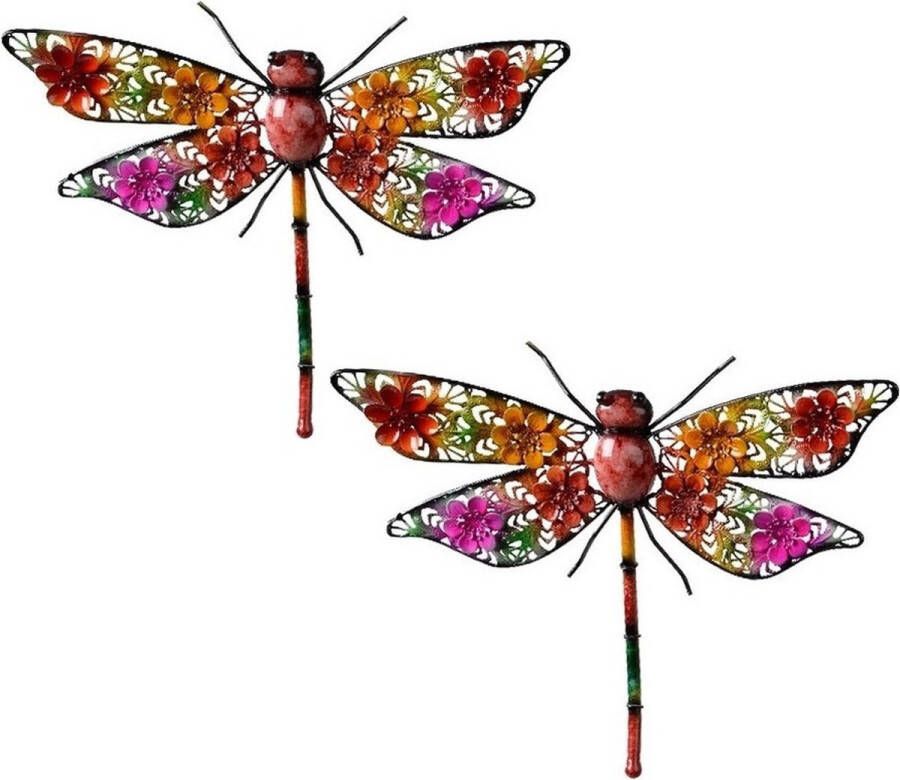 Decoris 2x stuks grote metalen libelle gekleurd 27 x 33 cm tuin decoratie Tuindecoratie libelles Dierenbeelden hangdecoraties