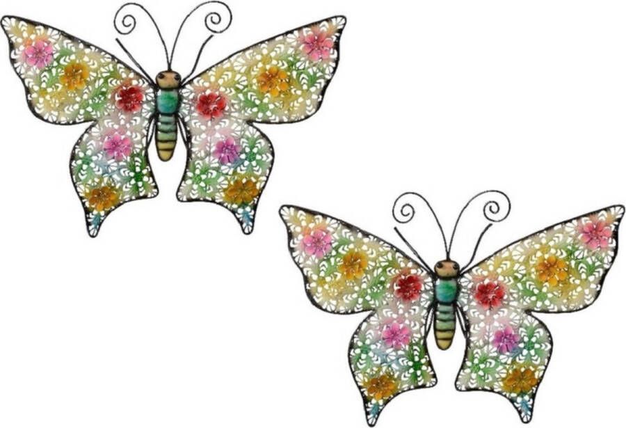 Decoris 2x stuks grote metalen vlinder gekleurd 30 x 43 cm tuin decoratie Tuindecoratie vlinders Dierenbeelden hangdecoraties