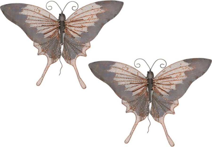 Decoris 2x stuks grote metalen vlinder grijs goudbruin 34 x 24 cm tuin decoratie Tuindecoratie vlinders Dierenbeelden hangdecoraties