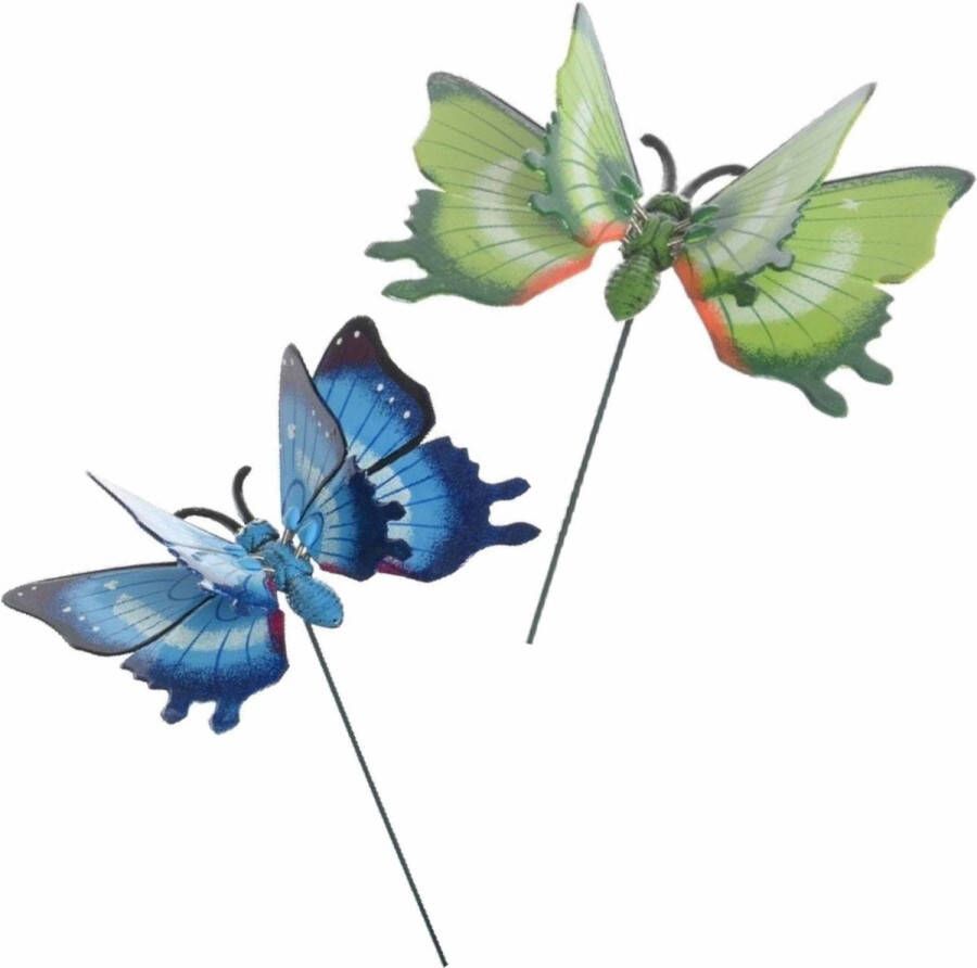 Merkloos Sans marque 2x stuks Metalen deco vlinders blauw en groen van 11 x 70 cm op tuinstekers Dieren decoratie tuin beeldjes beelden