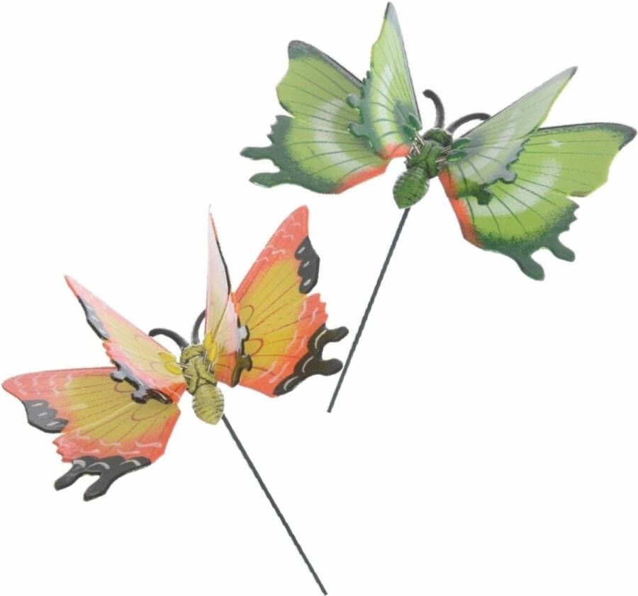Merkloos Sans marque 2x stuks Metalen deco vlinders groen en geel van 11 x 70 cm op tuinstekers Dieren decoratie tuin beeldjes beelden