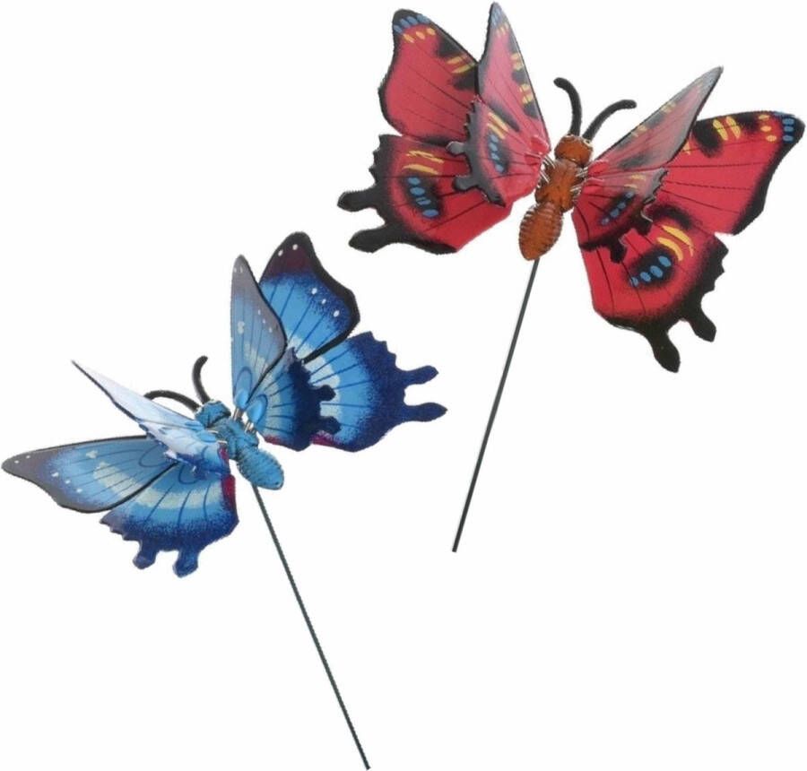 Merkloos Sans marque 2x stuks Metalen deco vlinders rood en blauw van 11 x 70 cm op tuinstekers Dieren decoratie tuin beeldjes beelden